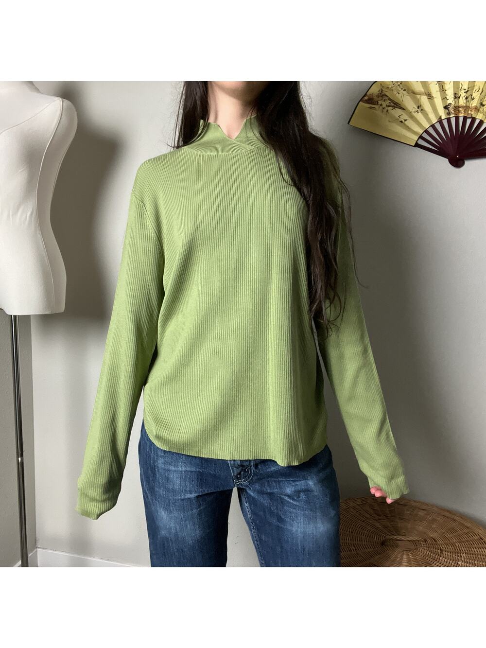 vintage matcha green silk ribbed knit mandarin mock neck minimalist sweater